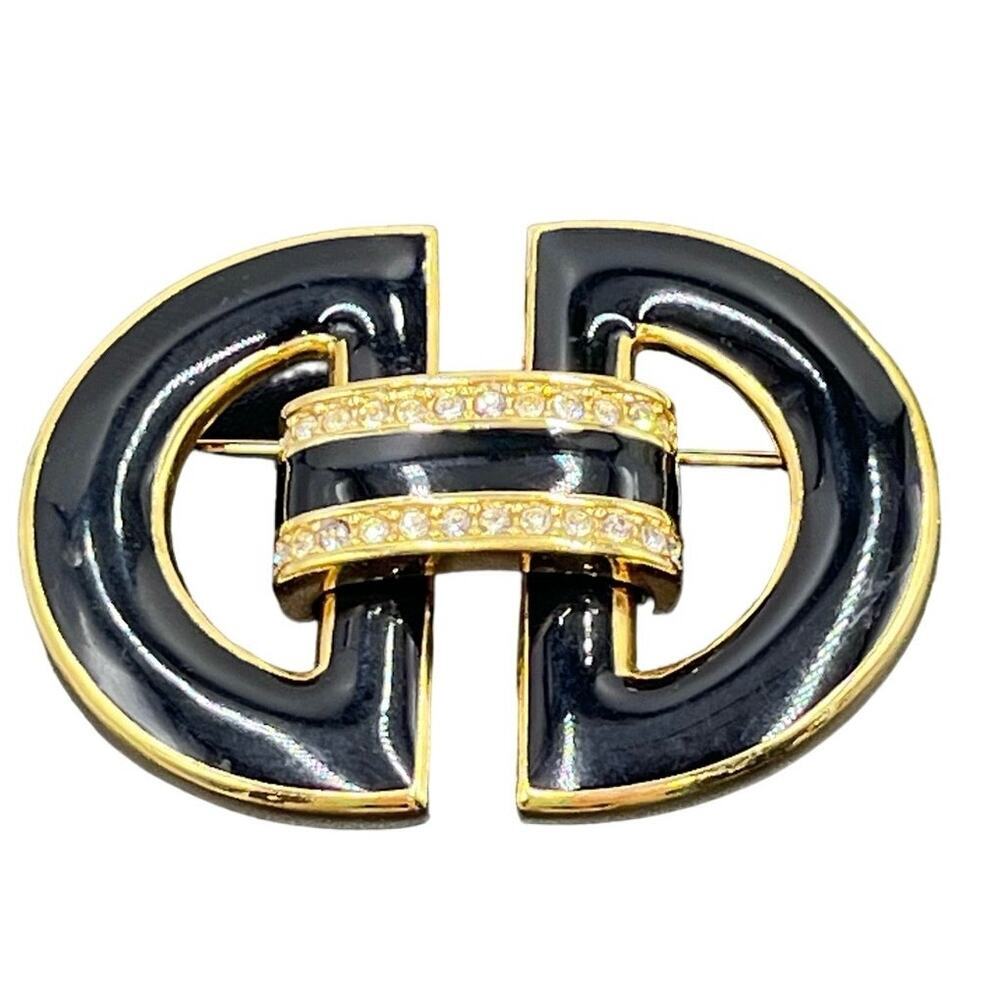 Swarovski‎ SAL vintage Black Enamel Clear Crystals Buckle Art Deco Brooch